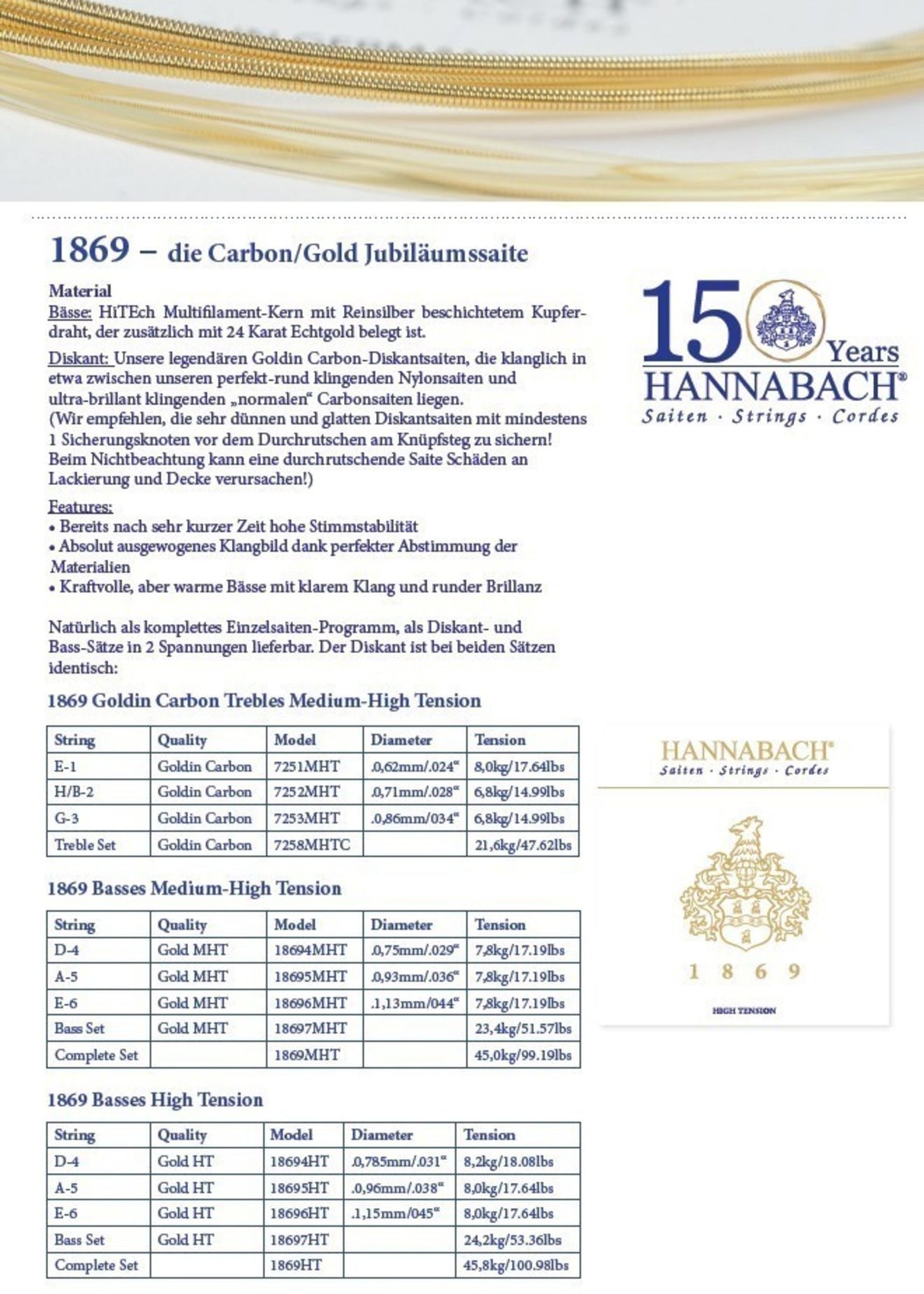 Hannabach strings for classical guitar Series 1869 Carbon/Gold MHT - Set MHT (1869MHT)