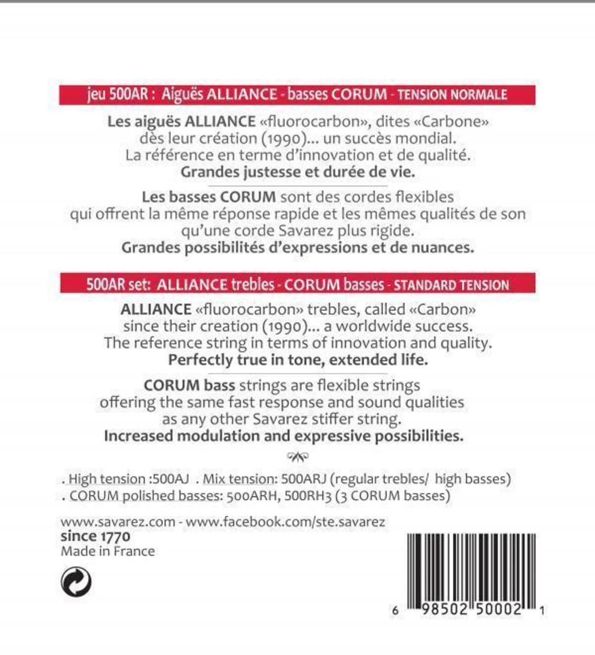 Savarez strings for classical guitars Alliance Corum - Set Standard (500AR)