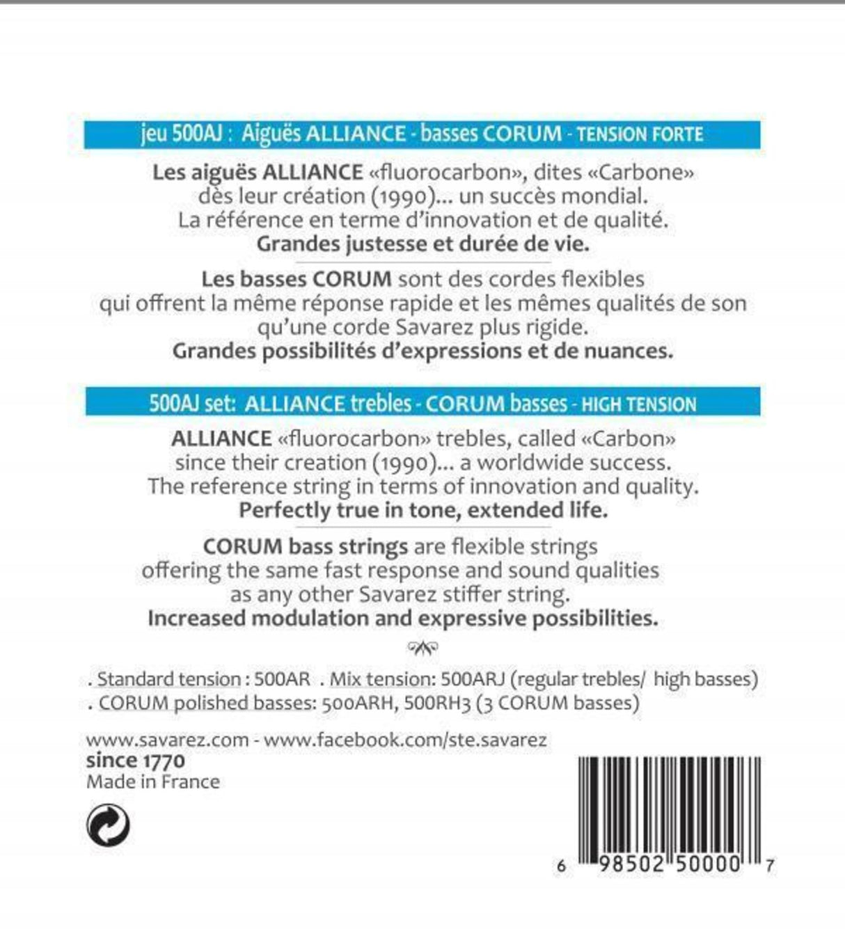 Savarez strings for classical guitars Alliance Corum - Set high (500AJ)