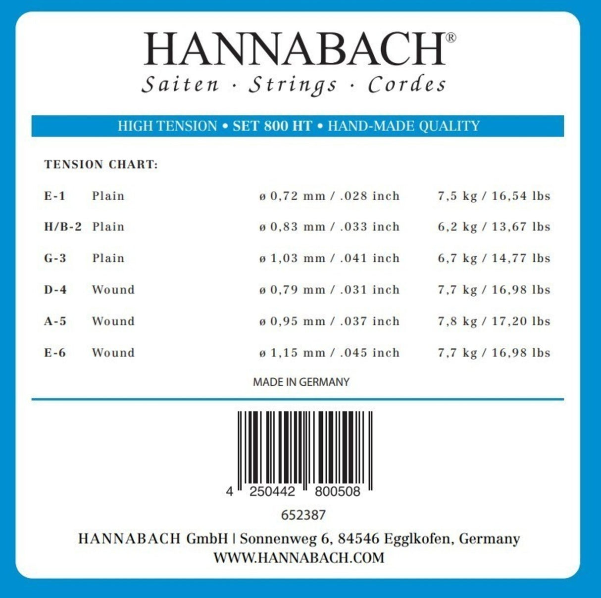 Hannabach Strings for classical guitar Serie 800 High tension Silver plated - Set high (800HT)