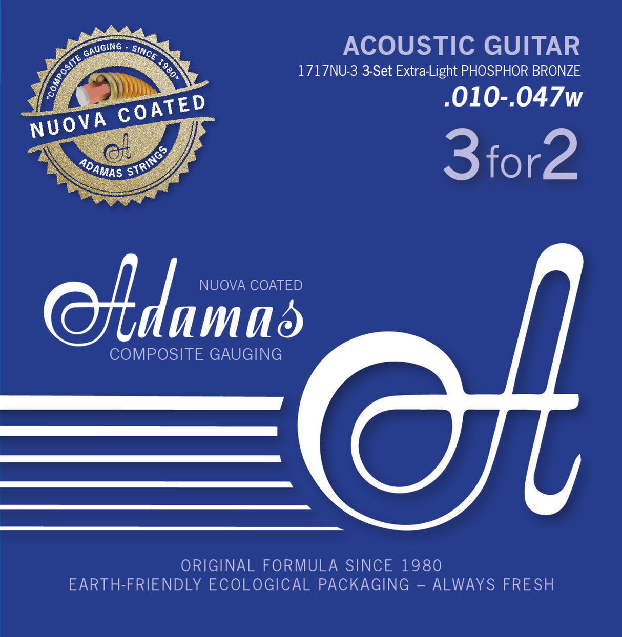 Adamas Strings for Acoustic Guitars Nuova phosphor bronze coated set (3) - Set of 3 Ex-Light .010 (1717NU-3)
