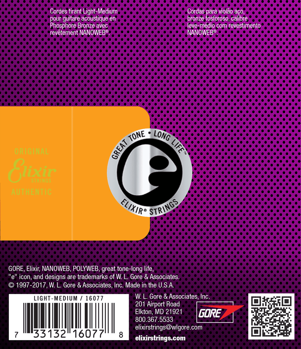 Elixir Nanoweb Phosphor Bronze Guitar Strings (Medium Light 12-56)