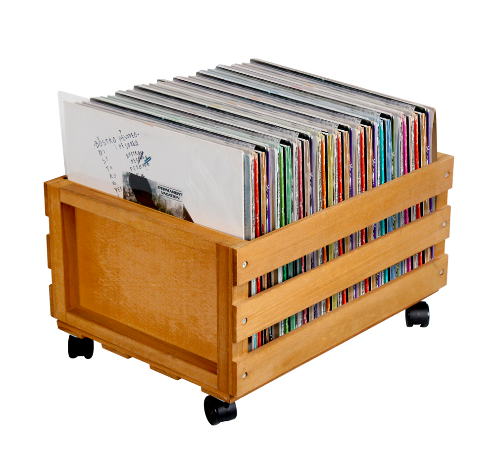 Record Storage Box with Wheels (Wood)