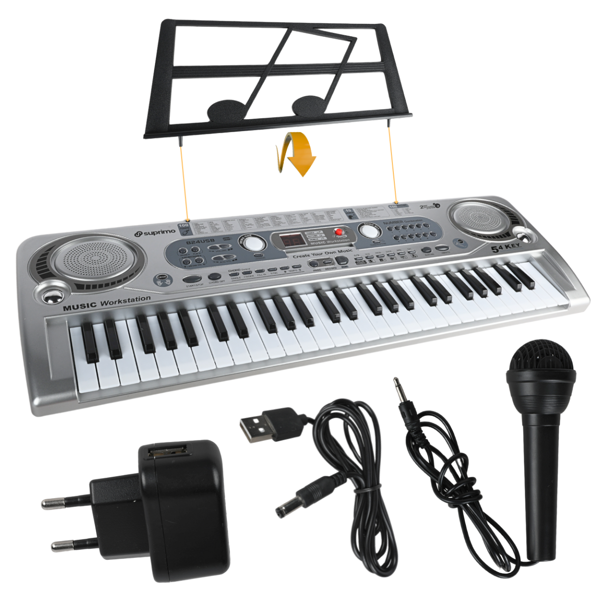 SUPRIMO 824 USB Keyboard med Mikrofon, MP3-afspiller og Nodestativ