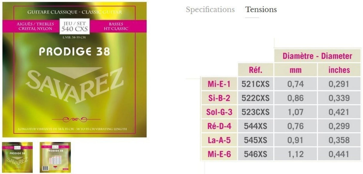 Savarez strings for classical guitars Prodige 38 Children's Guitars - 1/8-1/2 Carbon (500 AXS)