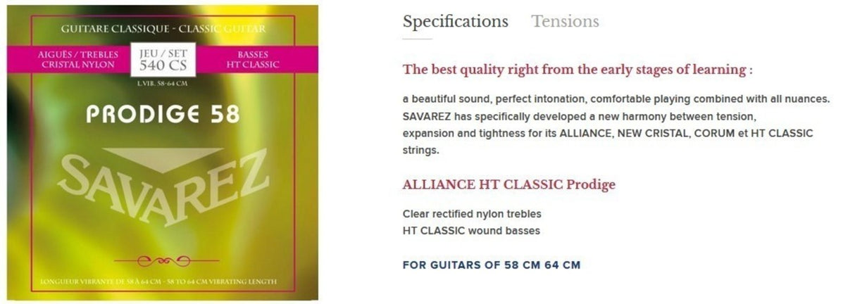 Savarez Strings for classical guitars Prodige 38 Children's Guitars - 3/4-7/8 Nylon (540 CS)