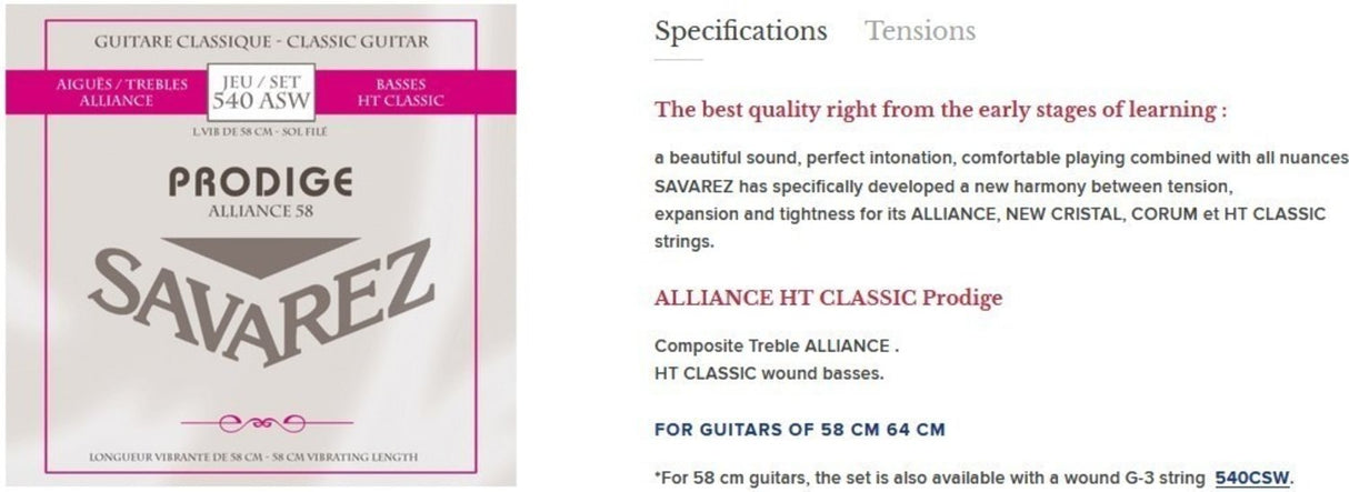 Savarez Strings for classic guitars Prodige 38 Children's Guitars - 3/4-7/8 Carbon Gw (540ASW)
