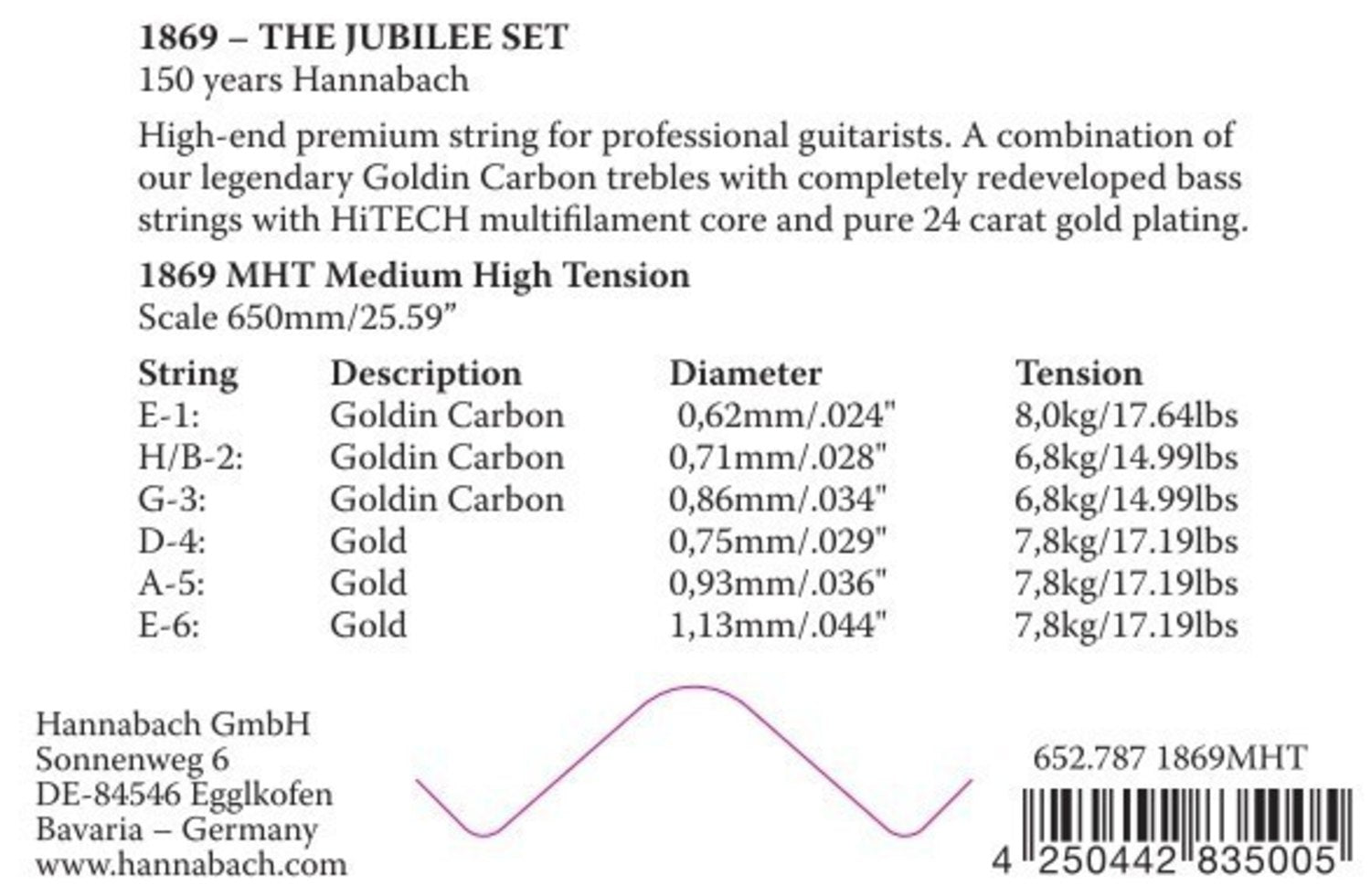 Hannabach strings for classical guitar Serie 1869 Carbon/Gold MHT - 3pc Bass Set (18697MHT)