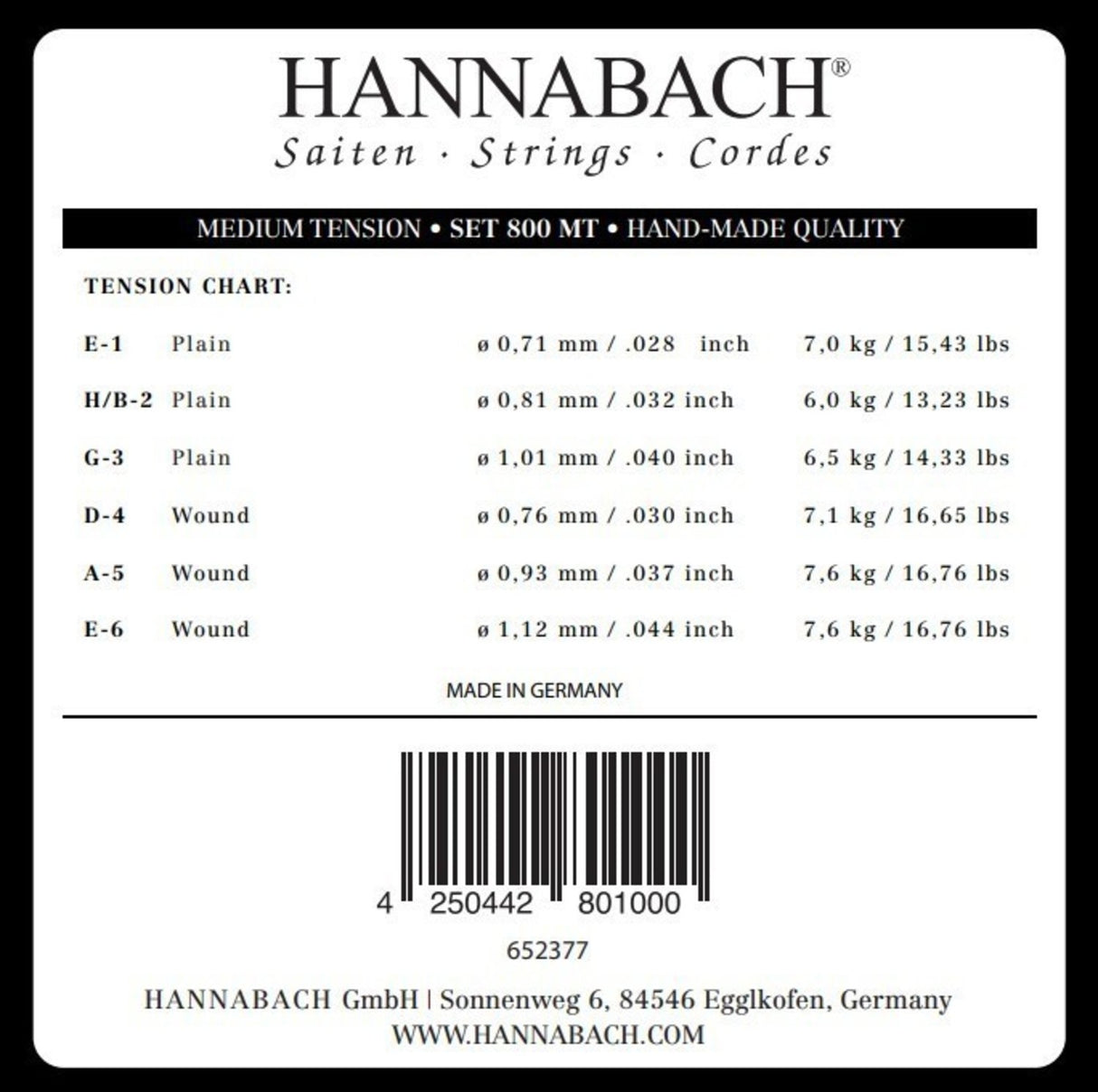 Hannabach Strings for classical guitar Serie 800 Medium tension Silver plated - Set medium (800MT)