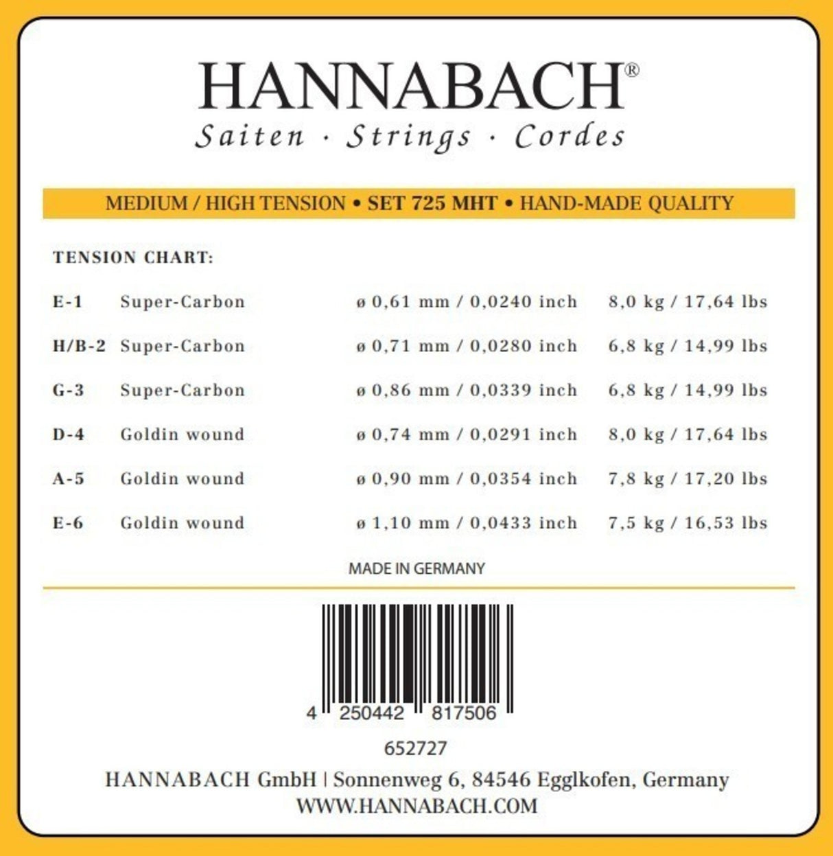 Hannabach strings for classical guitar Series 725 Medium/High Tension Goldin - 3-piece treble set (7258MHTC)