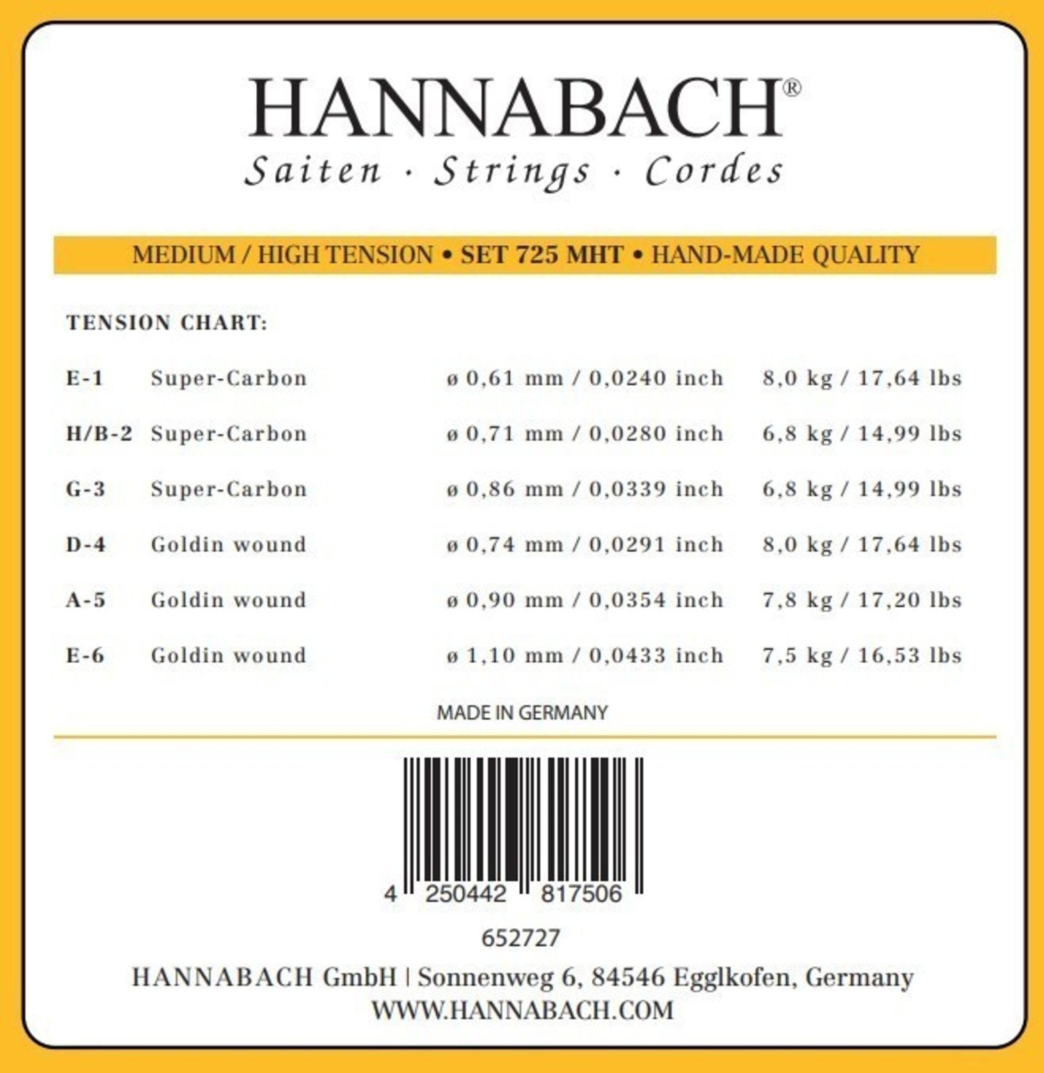 Hannabach strings for classical guitar Series 725 Medium/High Tension Goldin - 3-piece treble set (7258MHTC)