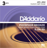 Daddario EJ26-3D Phosphor Bronze Guitar Strings (Custom Light 11-52) 3-Pak