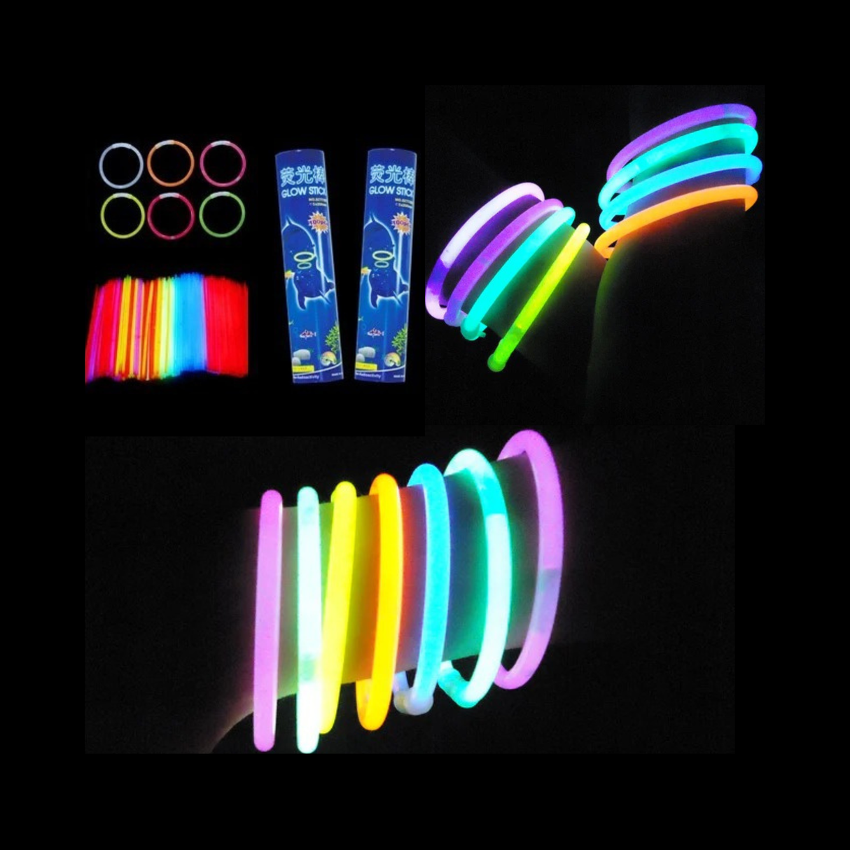 Glow stick package with 300 pieces.