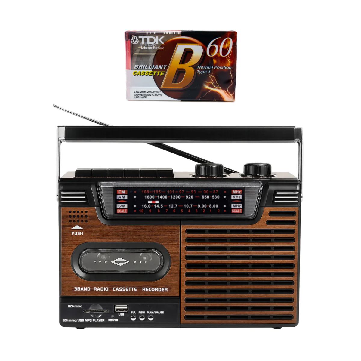 Studio 57 Cassette Player with FM & Bluetooth, Brown + Cassette Tape