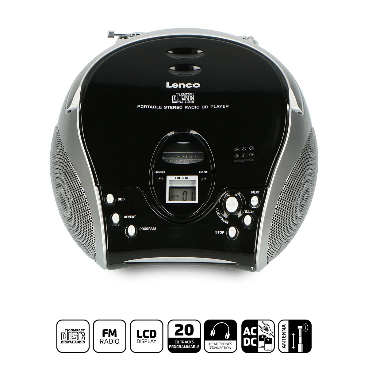 Bærbar stereo FM-radio med cd-afspiller Sort/sølv